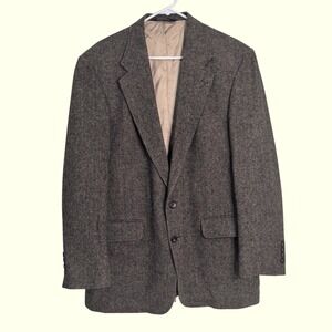 VTG Lands' End Herringbone Tweed Sport Coat Blazer Men 43L Brown Wool Lambswool